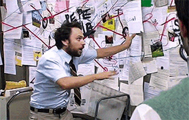 A Charlie Day conspiracy board GIF used as a joke about over-analysing Bad Neighbour lyrics